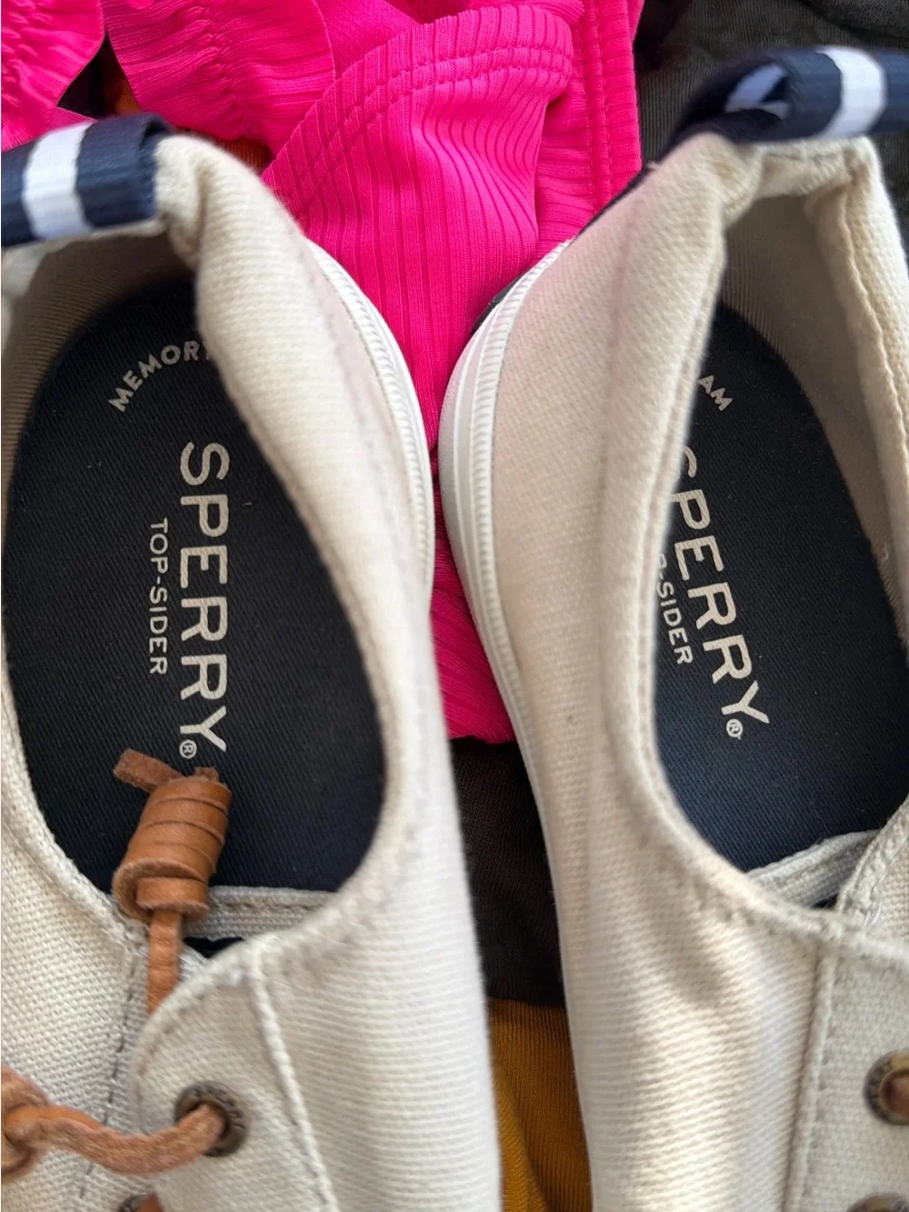 Sperry Men’s Canvas Boat Shoes in Beige with Brown Laces
